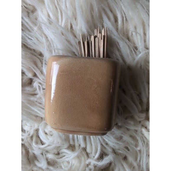 Vintage Mini Square Tan Mushroom Applique Toothpick Holder, Japan Enesco - Picture 3 of 8